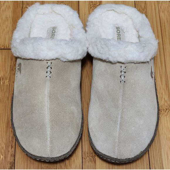 Sorel Nakiska Slide Slippers Women 7 Suede Beige Faux Fur Sherpa Lined Mule Flat - Picture 3 of 8
